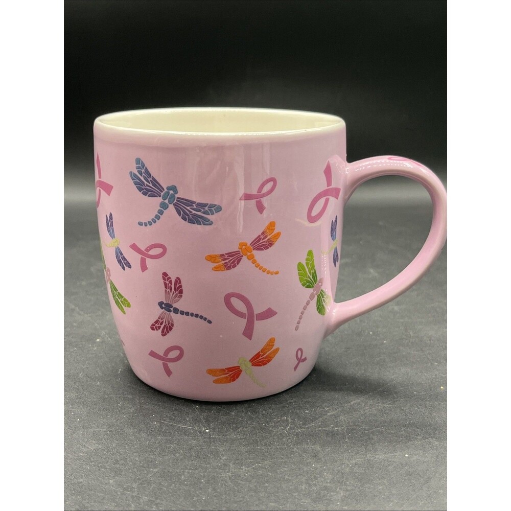 Pink BREAST CANCER COFFEE MUG  Dragonflies And Ribbons 14oz